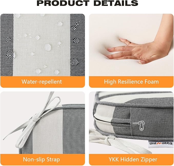 Round Corner Seat Cushions, 17" x 16" x 2", Set of 4, Indoor Outdoor Water Repellent Universal Chair Pads with Ties for Patio Furniture, Garden Deck Dining Chairs, Gray Stripe