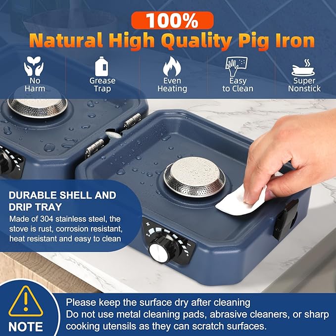 2 Burner Propane Stove Compatible with Propane Cylinders,2 Burner Camp Stove with Griddle and 16000 BTU Adjustable Burners,Portable Camping Stove Propane with Carry Bag and Handle for Camping (Blue)