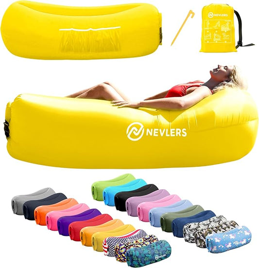 Nevlers Inflatable Lounger | 210T Polyester Inflatable Chair | No-Pump Blow Up Couch | Camping Couch Air Sofa Bed w/ 450 lbs. Cap., Pockets & Matching Bag | Use as Inflatable Couch for Adults & Kids