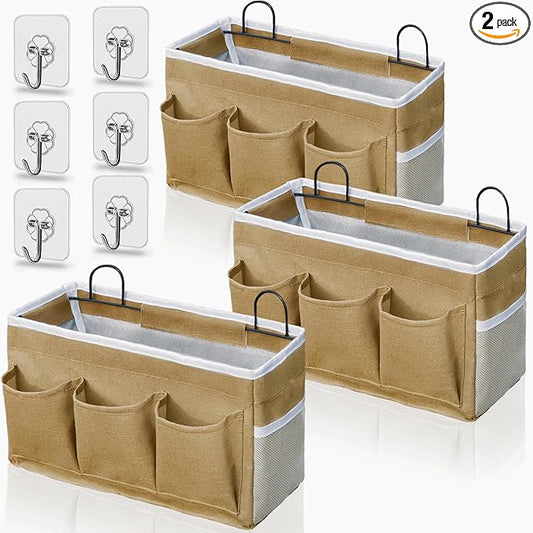 2pcs 3-pockets Large Wall Hanging Organizer Bag, Linen Fabric Door Hanging Storage Baskets with Pockets, Waterproof Bin for Kitchen, Bedroom, Office, RV Camper (Khaki-3pcs)