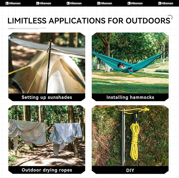 Hikeman Tent Guy Ropes 2mm-Ultralight Strong Guy Lines with Tensioner Reflective UHMWPE Fiber Tent Cord for Camping, Hiking, Backpacking Rope (Black, 65 Feet, 10 Tensioners)