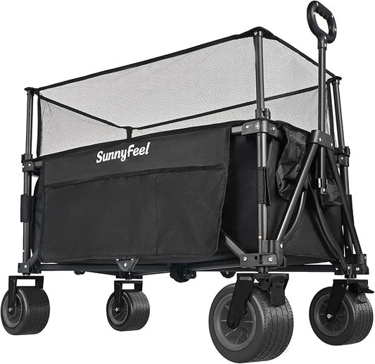 SUNNYFEEL Heavy Duty Collapsible Outdoor Utility Wagon Cart 500LB Capacity Adjustable Handlebar,Foldable Beach Wheels Stable Durable Oxford Fabric for Shopping Garden Camping (Black, Tall Version)
