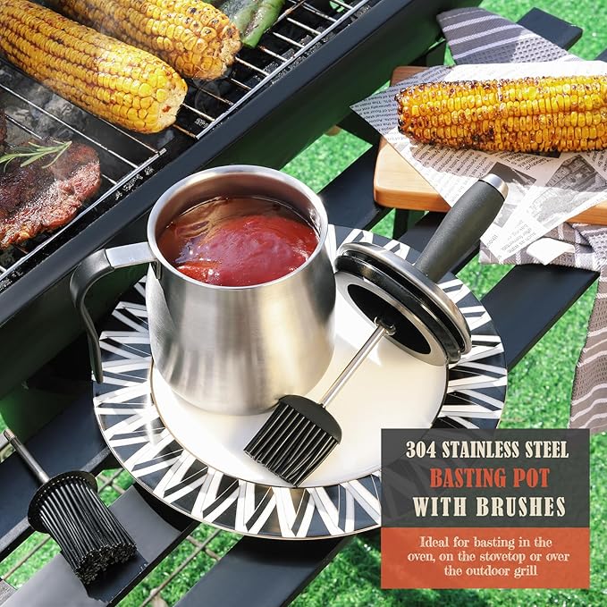 32 Ounce BBQ Basting Pot with 3 Replaceable Brushes，Grilling Gifts for Men&Dad，Stainless Steel 304 Barbecue Sauce Pot Brush Set，Airtight Melting Pot Sauce Container for Grill，Kitchen，Camping