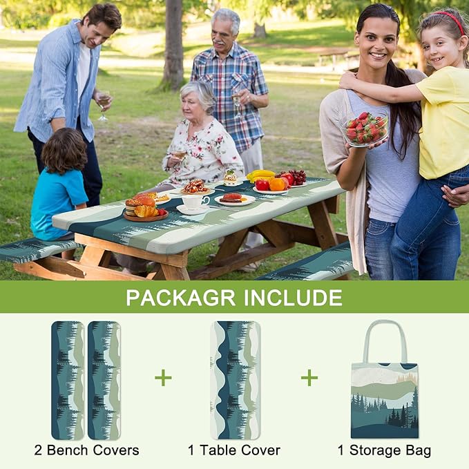 Picnic Table Cover with Bench Covers Camping Tablecloth with Storage Bag Windproof Waterproof Picnic Table Covers with Elastic for Camping