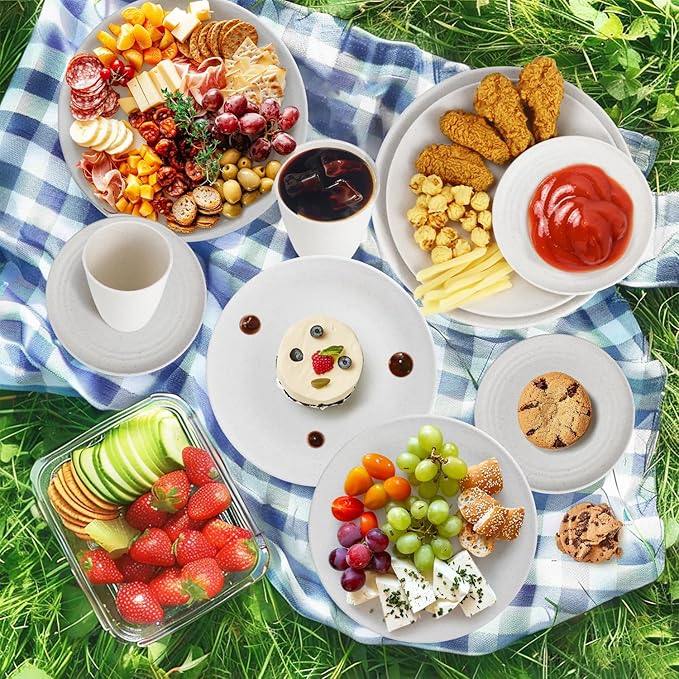 Wheat straw bowl and plate sets of 40 with cups for kids - Unbreakable plastic dinnerware sets service for 8 - Microwave and Dishwasher safe dish sets for kitchen and camping. White