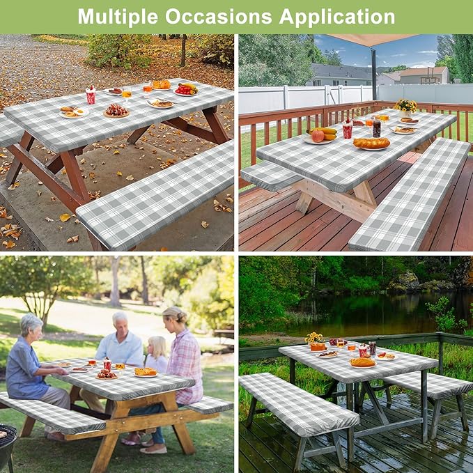 Picnic Table Cover with Bench Covers Camping Essentials Waterproof Windproof Camping Tablecloth with Drawstring Bag, Fitted Rectangle Tables and Seats, 96in, Grey Checkered