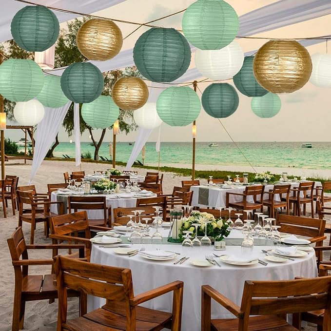 Paper Lanterns Decorative, Round Paper Lanterns Decorations Sage Green/Forest Green/Gold/White for Rustic Party Birthday Party Bachelorette Engagement Wedding Baby Shower 15pcs
