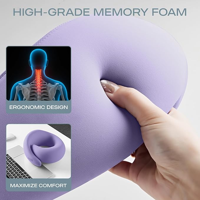 Skechers Memory Foam Travel Pillow,Comfortable & Breathable Airplane Travel Essential, Neck Pillow for Travel, Car Rides, Home, and Office Use, Ergonomic Design for Men and Women,Purple