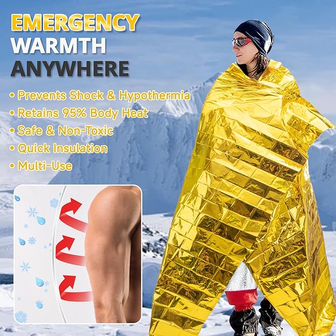 SecuCaptain Survival Emergency Thermal Blankets: Extra Large 84” x63” Space Mylar Blanket Kit for Outdoor Cold Winter Camping Hiking Car Bug Out Bag or First Aid - 4 Pack Gold