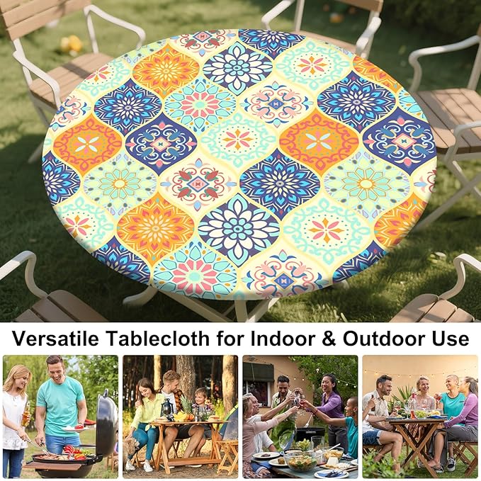 Round Tablecloth Fitted Elastic Table Cover Waterproof Table Cloth for Dinner, Party, Picnic,Camping, Round Table Cover for Indoor Outdoor