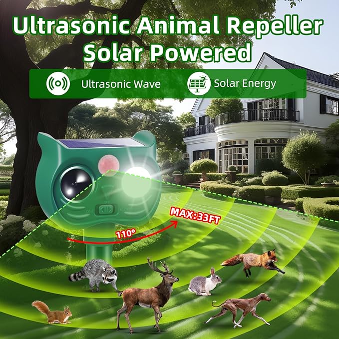 4Pack Solar Ultrasonic Animal Repellent, Cat Repeller Outdoor, Waterproof Deer Deterrent Devices with Motion Sensor to Scare Squirrel Rabbit Raccoon Skunk with White&Red LED Flash Lights for Yard