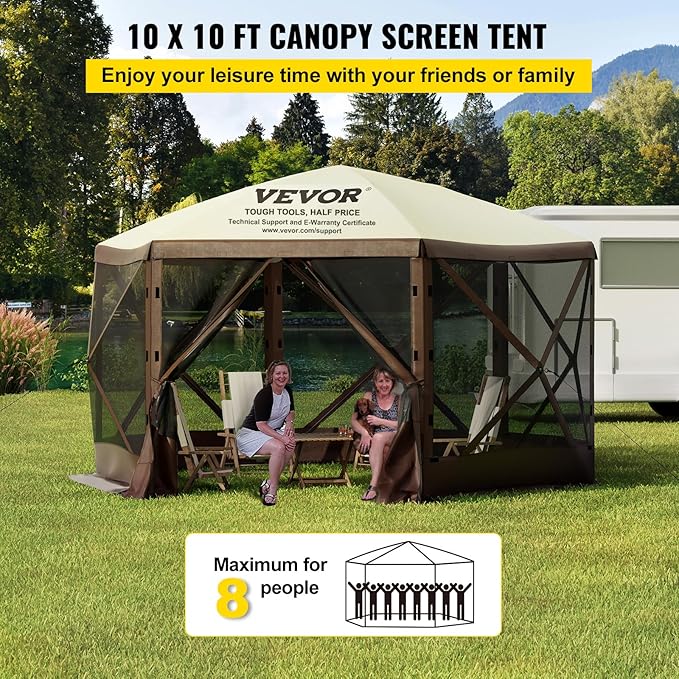VEVOR Pop Up Gazebo Screen Tent, Pop-Up Instant Gazebo Tents with Mosquito Netting Outdoor Canopy, 6 Sided Sun Shelter 10x10ft with 6 Removable Wind Cloths & 2 Mesh Windows, Pavilion Tent for Patio