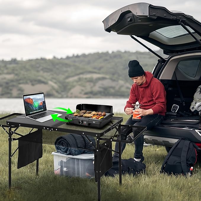 Nice C Camping Table, Grill Table, Tailgate Tables, Solar Panel Tables with USB, Type-C&DC Charging Cable, 42W Portable Solar Charger, 2 Side Shelves, Height Adjustable with Mesh Net&Cup Holders