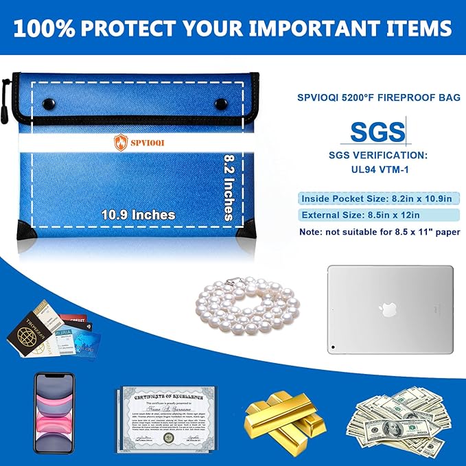 Upgraded 5200°F Fireproof Money Bag, Fireproof Bag with Zipper, Reflective Strip for Fast Find, 8 Layers of Heat Insulated Materials, Water Resistant, Fireproof Money Bag for Cash, A5 Documents