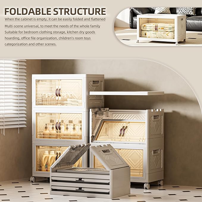 108 QT / 27 Gal Stackable Storage Bins (1 Lid) w/Wheels & Magnetic Doors, Collapsible Plastic Organizer Cabinet for Closet Office Garage - White Storage Containers