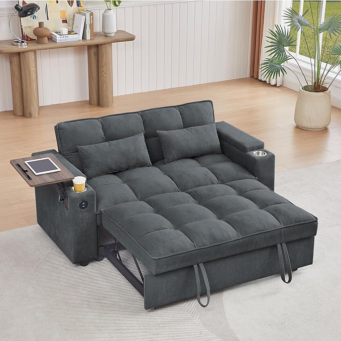 65'' 3-in-1 Folding Convertible Sofa Bed, Pullout Sofa, Modern Chenille Fabric, 360° Swivel Side Table, Easy Assembly, Perfect for Living Room, Grey