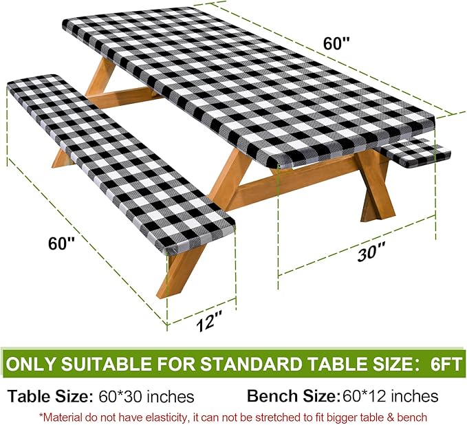 Picnic Table Cover with Bench Covers Camping Essentials Waterproof Windproof Camping Tablecloth with Drawstring Bag, Fitted Rectangle Tables and Seats, 60in, White Black Checkered