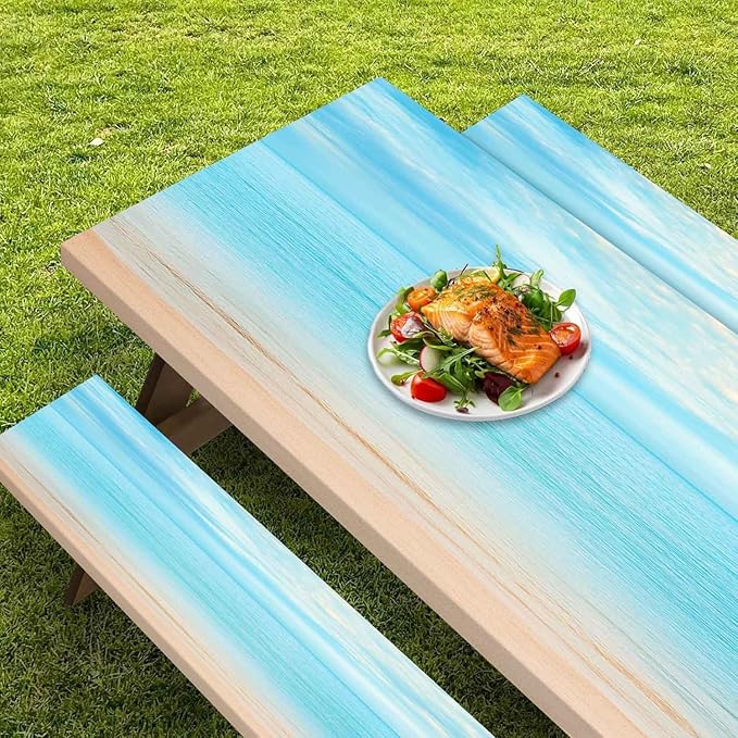 CAPSCEOLL Elastic Picnic Table Cover with Bench Covers 5Ft Waterproof Fitted Picnic Table Cover Cloths for Outdoors Camping Tablecloth with Drawstring Bag, 60X30in, Summer Beach