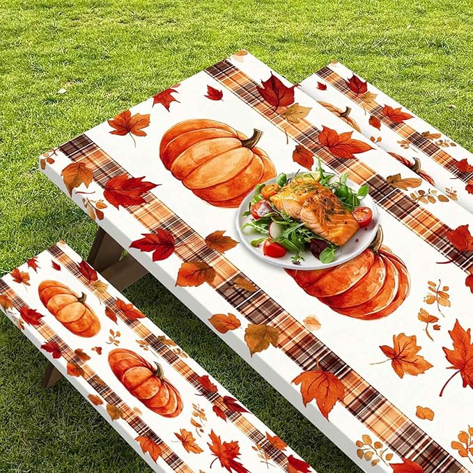 CAPSCEOLL Elastic Picnic Table Cover with Bench Covers 5Ft Waterproof Fitted Picnic Table Cover Cloths for Outdoors Camping Tablecloth with Drawstring Bag, 60X30in, Pumpkins Leaf