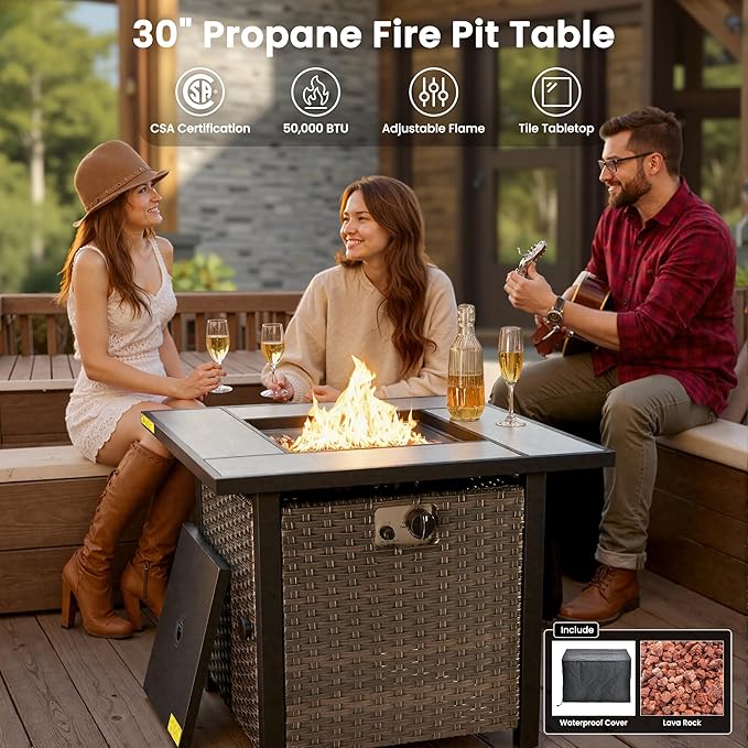 ovios 6 Pieces Patio Furniture Set with 30" Fire Pit Table, Outdoor Wicker Sofa with Ottomans, Comfy Cushions, High Back Couch Conversation Set, Brown Rattan, Navy Blue