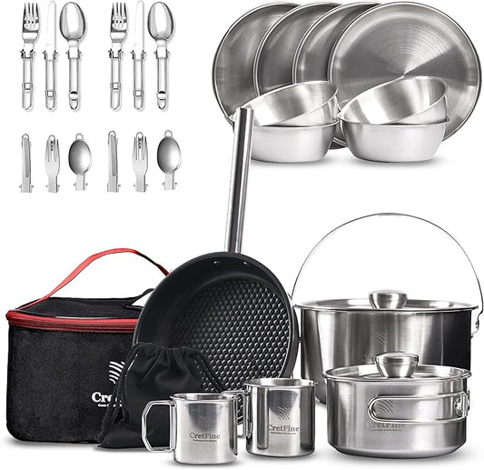 CampPro Camp Cooking Set for 4-8, Stainless Steel Camping Cookware Set, Camping Equipment with Carring Bag, Camping Pots and Pans Set for Campfire Cooking & RV & Backyard Picnic