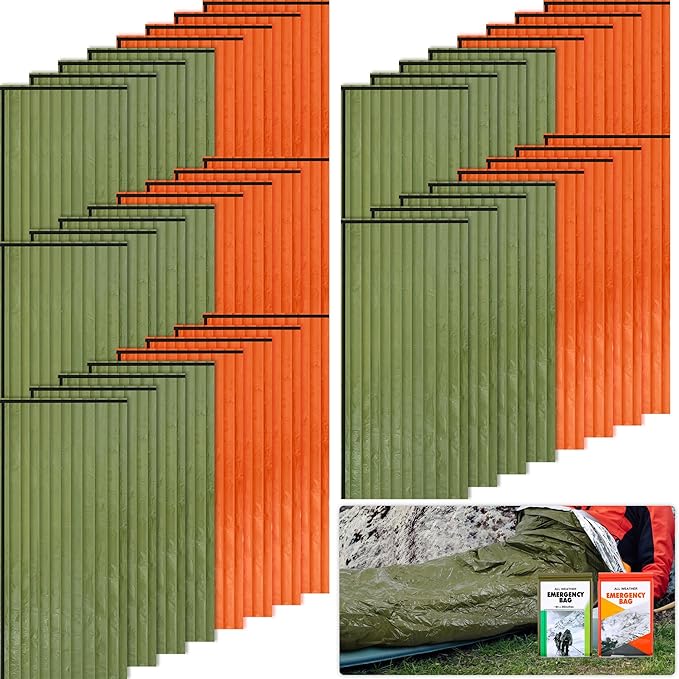 Preboun 50 Pcs Emergency Sleeping Bag Portable Lightweight Survival Bag Thermal Bivy Sack Waterproof Emergency Blanket Survival Gear for Outdoor Camping Hiking Homeless People Shelter (Orange,Green)