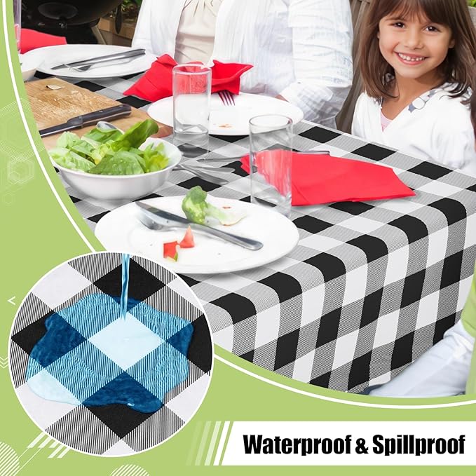 Smiry Rectangle Table Cloth, Waterproof Vinyl Tablecloth with Flannel Backing, Wipeable Buffalo Plaid Table Cover for Dining, Indoor and Outdoor (Black & White, 54"x78")