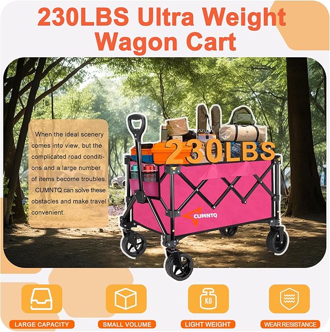 Collapsible Wagon Cart with Wheels, Heavy DutyFoldable Wagon Cart with 230lbs Weight Capacity, UtilityBeach Wagons Portable for Outdoor, Grocery, Camping,.Shopping, Rose Red