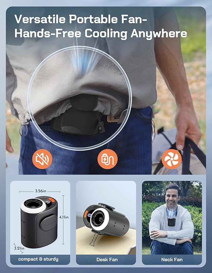 Portable Waist Fan Rechargeable, 10000mAh Belt Clip Fan, 5-Speed 16000RPM, Clip-On Personal Cooling A/C for Neck, Desk, Waist Use, Hands-Free Under Shirt Airflow for Camping, Jobsites, Hiking