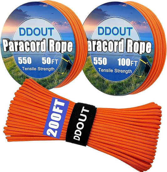 Paracord Nylon Rope Orange 200ft with 7-Strand Core, 10 Colors and 50/100/200 ft, Type III Parachute Cord 4mm for Camping, Survival, Hiking, DIY, Crafting, Outdoor Utility Rope