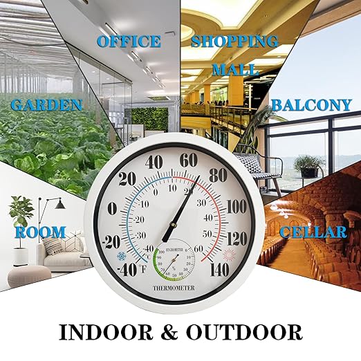 Indoor Outdoor Thermometer Large Numbers 12 Inch Wall Weather Thermometer Hanging Garden Decor Hygrometer No Battery Needed (White)