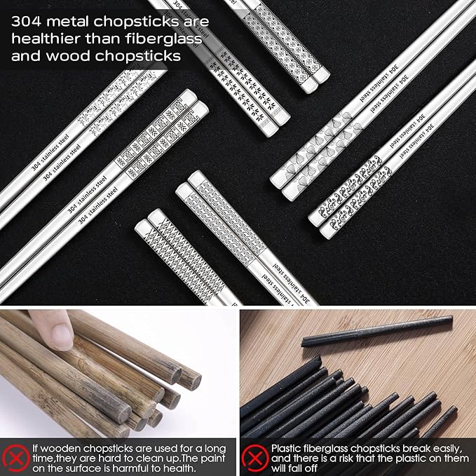 8 Pairs Metal Chopsticks Reusable 18/8 Stainless Steel Chopsticks Set Cute Laser Engraved Non-slip Japanese Korean Chinese Chopstick for Cooking Eating Dishwasher Safe 9.25" Chop Sticks Gift Set