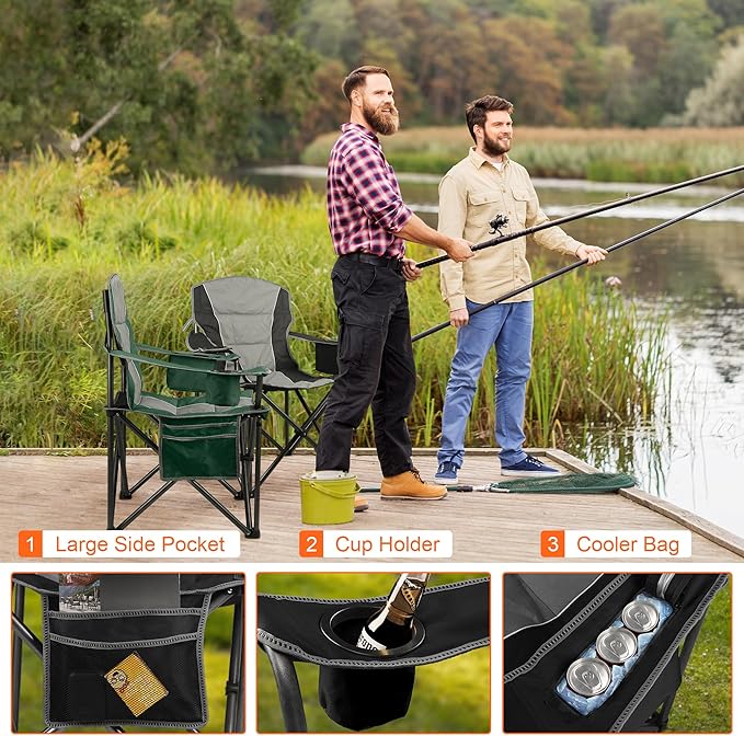 2 Pack Padded Oversized Camping Chairs for Adults,Heavy Duty Support 400 Lbs,Folding Portable Lawn Chair w/Cup Holder,Cooler Bag,Side Pocket,Perfect for Outdoor Picnic,Hiking(Black&Green)