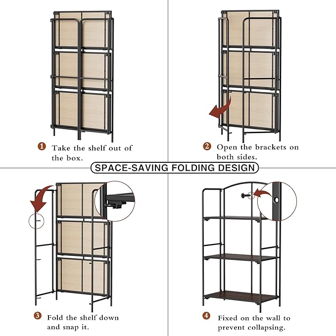 Crofy No Assembly Folding Bookshelf for Living Room, 3 Tier Black Collapsible Book Shelf for Home Office, Portable Bookcase Storage Organizer