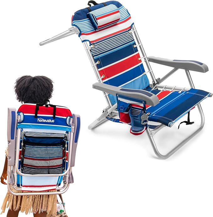 Homevative Backpack Fold-Up Beach Chair, 5 Positions, Towel bar, Cooler, Storage Pouch, Cup Holder and Phone Pocket
