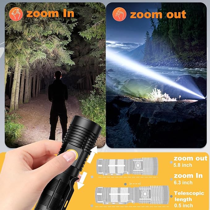LED Rechargeable Flashlights High Lumens - 1500 Meters Long Beam Super Bright LED Magnetic Flashlight USB Zoomable 5Modes Small Long Beam Spotlight Flashlight for Hiking, Camping, 3pcs