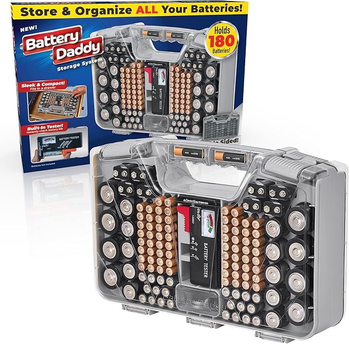 Ontel Battery Daddy Storage & Organizer Case with Tester, Stores & Protects Up to 180 Batteries, Double-Sided, Durable Design W/Clear Locking Lid, Secure Latches & Portable Carrying Handle- Warm Grey