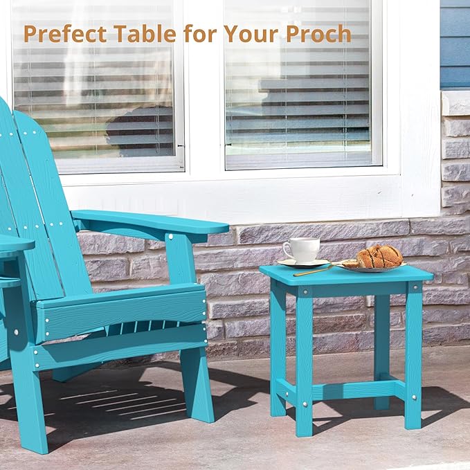 LUE BONA Outdoor Side Table, HDPS Small Outdoor Adirondack Side Tables, Outside End Table for Patio, Porch, Deck, Pool, Weather Resistant/Easy Maintenance, Sky Blue