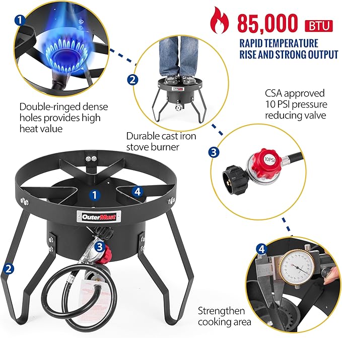 Propane Burner Outdoor Gas Burner for Cooking with Regulator and Cast Iron Braided Holes (single)