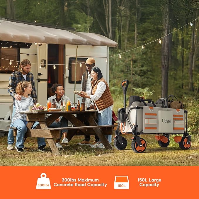 Litheli Electric Utility Wagon Cart, 200L Capacity, 300 lbs Load, Foldable Heavy-Duty Design with All-Terrain Wheels, Variable Speed Drive & Battery Power for Camping, Beach, Garden & Shopping