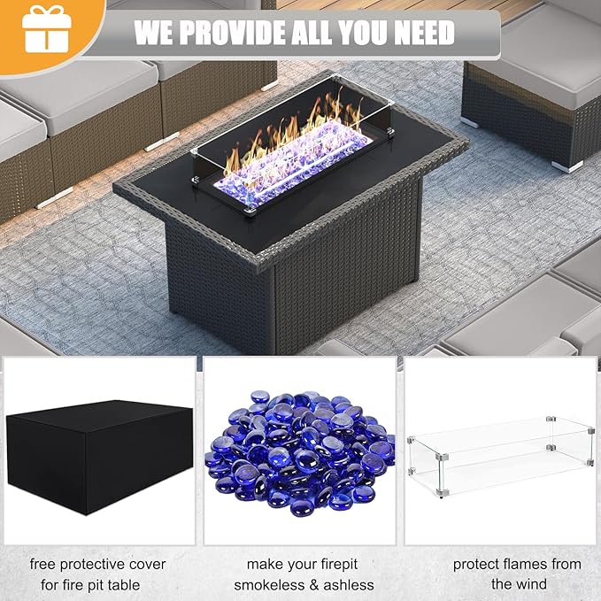 LayinSun 10 Piece Patio Furniture Set with 44" Propane Gas Fire Pit Table, Outdoor Sectional Conversation Set Wicker Rattan Sofa Set with Coffee Table