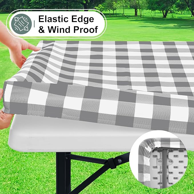 misaya Buffalo Rectangle Picnic Tablecloth, 4 Foot Elastic Fitted Vinyl Table Cloth with Flannel Backing, Waterproof Plaid Table Covers for Dining, Camping, Outdoor (Grey and White, 24" x 48")