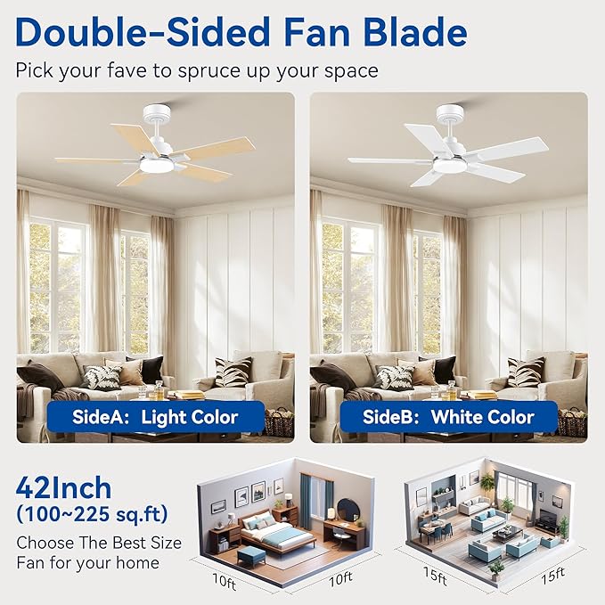 42Inch Smart Ceiling Fan with Lights Remote,APP&Voice Alexa WIFI Controled,Quiet Reversible DC Motor,Dimmable LED,Indoor Outdoor,Small Modern Ceiling Fan,for Bedroom Patio Porch,White&Light Wood