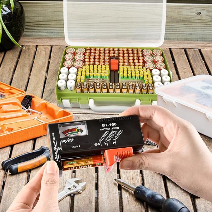 Battery Organizer Storage Holder Case with Double-Sided, Garage Box with Tester Checker. Batteries Container for 269pcs AA AAA AAAA 3A 4A 9V C D Lithium 4LR44 CR2 CR123A CR1632 CR2032 18650 -Green