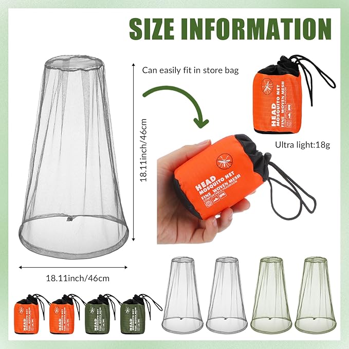 HESTYA 4 Pack Mosquito Head Net Face Mesh Protecting Net for Outdoor Hiking Camping Climbing Mosquito Fly Insects Preventing(Gray, Army Green)