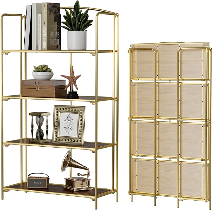Crofy No Assembly Folding Bookshelf for Living Room, 4 Tier Gold Collapsible Book Shelf for Home Office, Portable Bookcase Storage Organizer