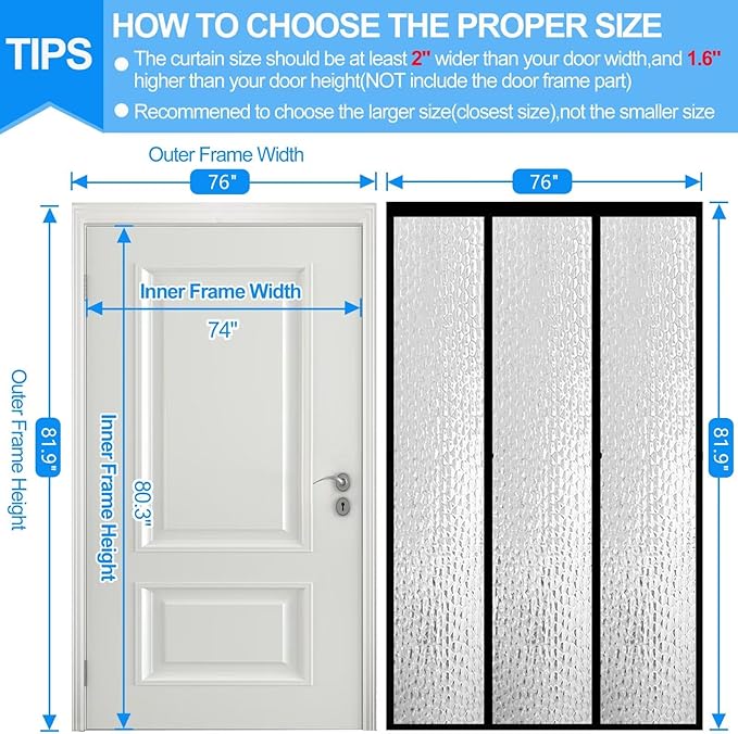 RELIANCER Magnetic Thermal Insulated Double Door Curtain,Waterproof EVA Doors Cover,Fit Doors Size 74"x80",Self-Closing Insulated Doorway Curtain Partition,Temperature Protection Thermal Door Screen