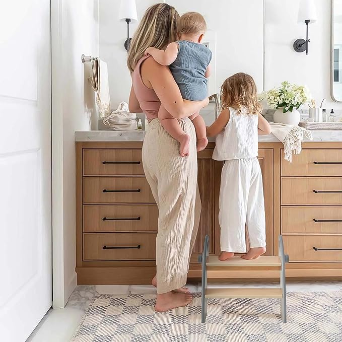 Wooden 2 Step Stool for Kids Bathroom Sink Foldable Anti-Slip 2-Step for Toilet Potty Training, Child Stepping Stool for Kitchen Nursery Bedroom, Sturdy Non Slip Adult Stool for Closet Grey