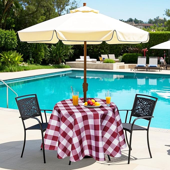 Poise3EHome 60 inches Outdoor/Indoor Waterproof Spillproof Round Tablecloth with Umbrella Hole for Camping, Picnic, Spring, Patio, Party, Burgundy Red Checkered