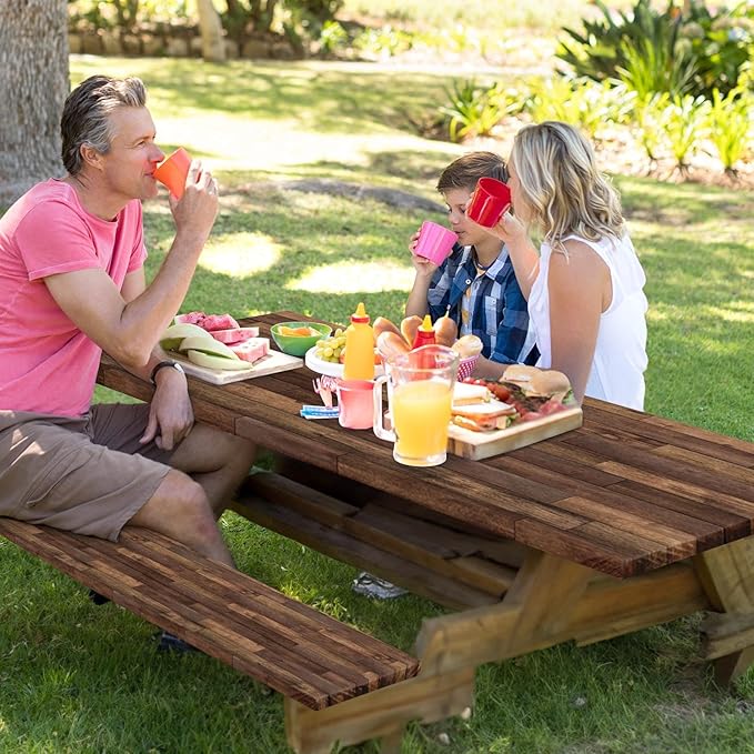 Picnic Table Cover with Bench Covers Elastic Edges, Brown Wood Fitted Table Cover, Outdoor Patio Camping Essentials 96 Inch 3PCS, Waterproof Camping Fitted Tablecloth with Drawstring Bag